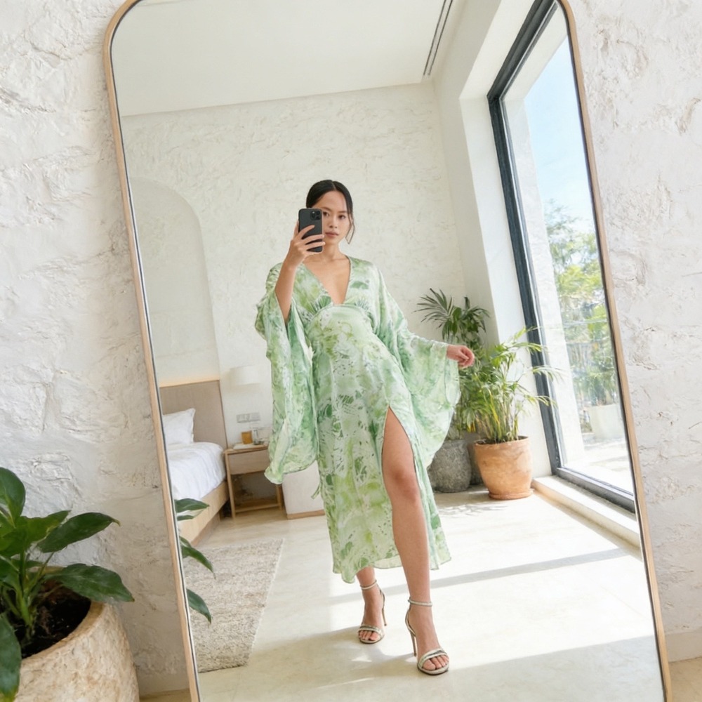 Let Me Be Green Tie-Dye Ruched Sleeve Maxi‎ Dress Size M Fairycore Hippy